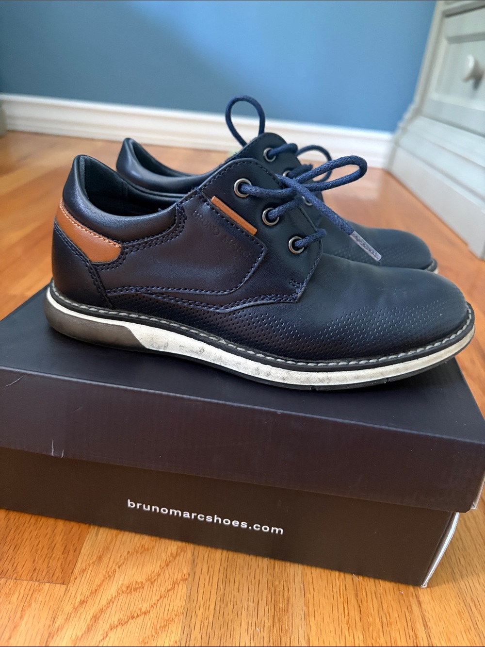 Bruno Marc Kids' Navy Dress Shoes with Tan Accent